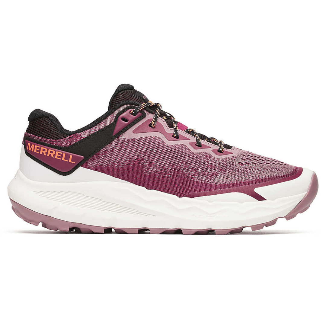 Merrell running shoe in shades of pink and black with a white sole and orange branding.
