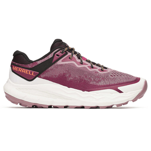Merrell running shoe in shades of pink and black with a white sole and orange branding.