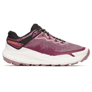 Merrell running shoe in shades of pink and black with a white sole and orange branding.
