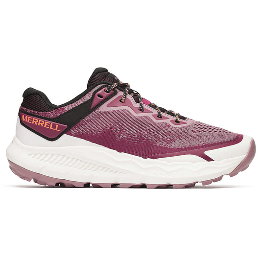 Merrell running shoe in shades of pink and black with a white sole and orange branding.