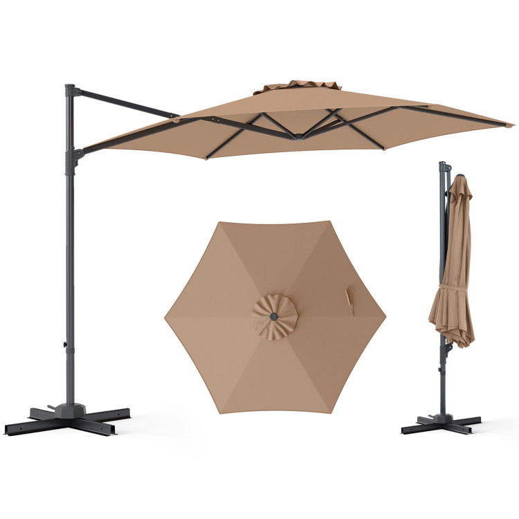 A tan cantilever patio umbrella with a metal frame is shown in three positions: open, top view, and closed.