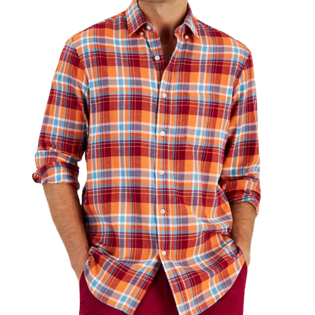 An orange, red, and blue plaid button-up long-sleeve shirt with a collar and rolled-up sleeves.