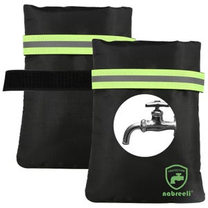 Pair of black outdoor faucet covers with green reflective strips, used for protecting taps from freezing in cold weather.
