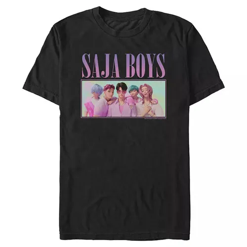 A black t-shirt featuring the text \“SAJA BOYS\“ in pink above an illustration of five characters with pastel-colored hair in pastel outfits.