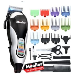 Mueller Professional Hair Clippers set includes a hair clipper, 8 colorful guide combs, scissors, barber combs, a blade guard, cleaning brush, ear tapers, and a storage case.