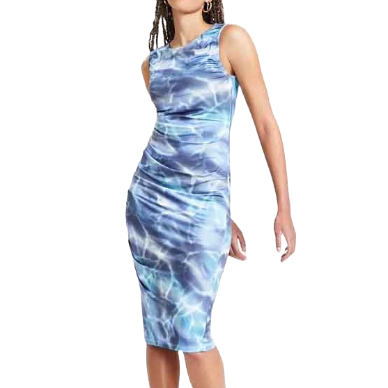 Bar III Sleeveless Ruched Midi Dress features a blue, water-like pattern with a fitted silhouette and side ruching. It has a sleeveless design and falls to mid-calf.