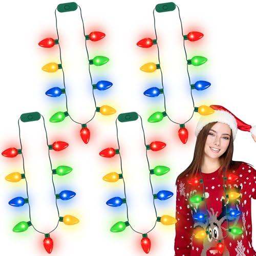 A set of four Christmas light necklaces featuring large, colorful bulbs in red, green, blue, and yellow, with a woman wearing one as part of a festive outfit.