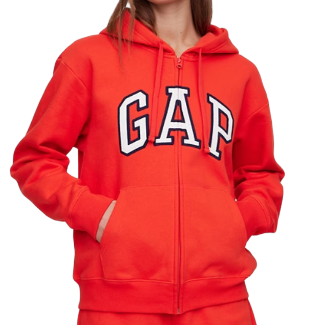 A red zip-up hoodie with \“GAP\“ in large white and blue letters on the front, featuring a hood and front pockets.