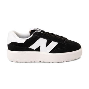 Black and white New Balance sneaker with a prominent 'N' logo on the side.