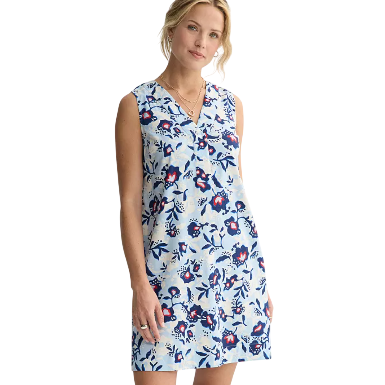 Sleeveless dress with a V-neck, featuring a blue and red floral pattern on a light blue background.
