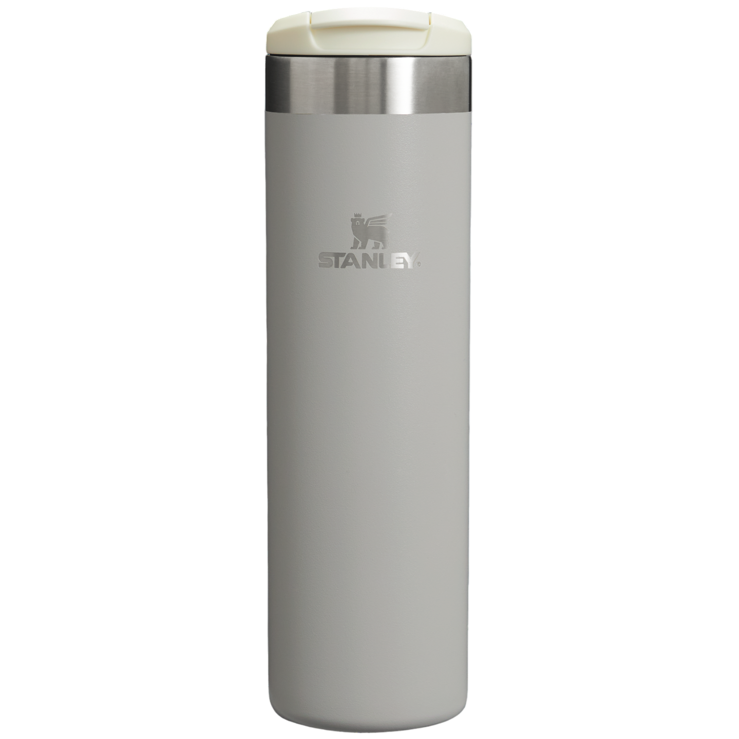 Stanley insulated water bottle, light gray, with a stainless steel rim and cream-colored lid.