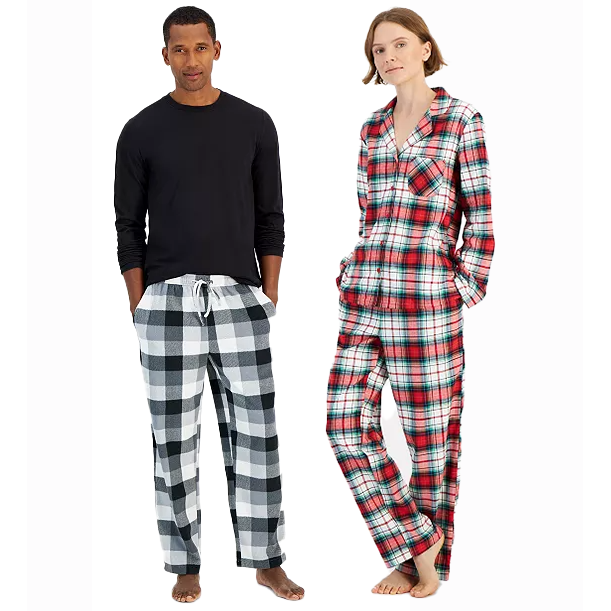 The image shows two people in loungewear. One person wears a black long-sleeve top and black-and-white plaid pants, while the other wears a red-and-white plaid pajama set.