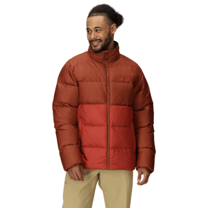 A man is wearing a two-tone red and orange puffer jacket paired with beige pants. The jacket features a front zipper and a high collar.