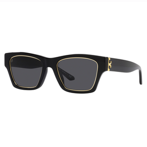 Black rectangular sunglasses with gold detailing around the lenses and a small gold logo on the temples.