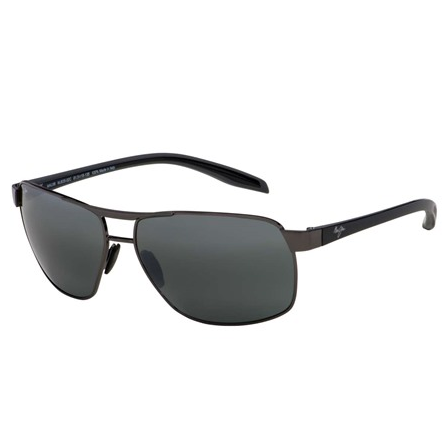 A pair of sleek black sunglasses featuring rectangular lenses and metal frames with a brand logo on the temples.