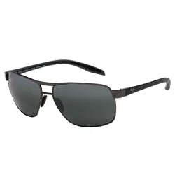 A pair of sleek black sunglasses featuring rectangular lenses and metal frames with a brand logo on the temples.