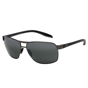 A pair of sleek black sunglasses featuring rectangular lenses and metal frames with a brand logo on the temples.