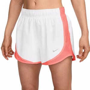 White athletic shorts with pink trim and a small Nike logo on the front.