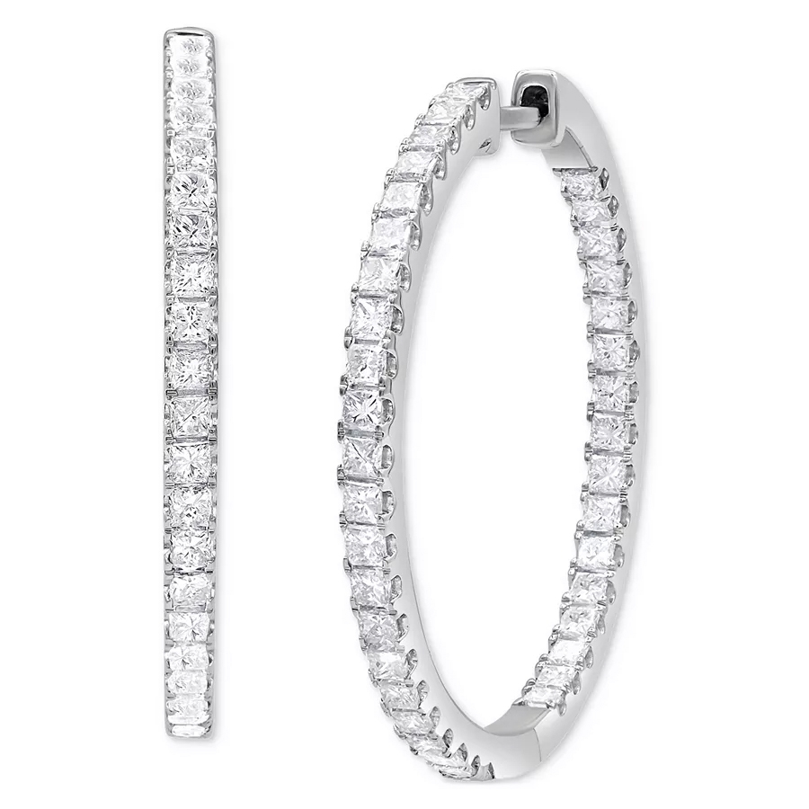 1ct Diamond In & Out Hoops feature sparkling diamonds set along both the inside and outside of sleek silver-tone hoops, offering a continuous shimmer effect.