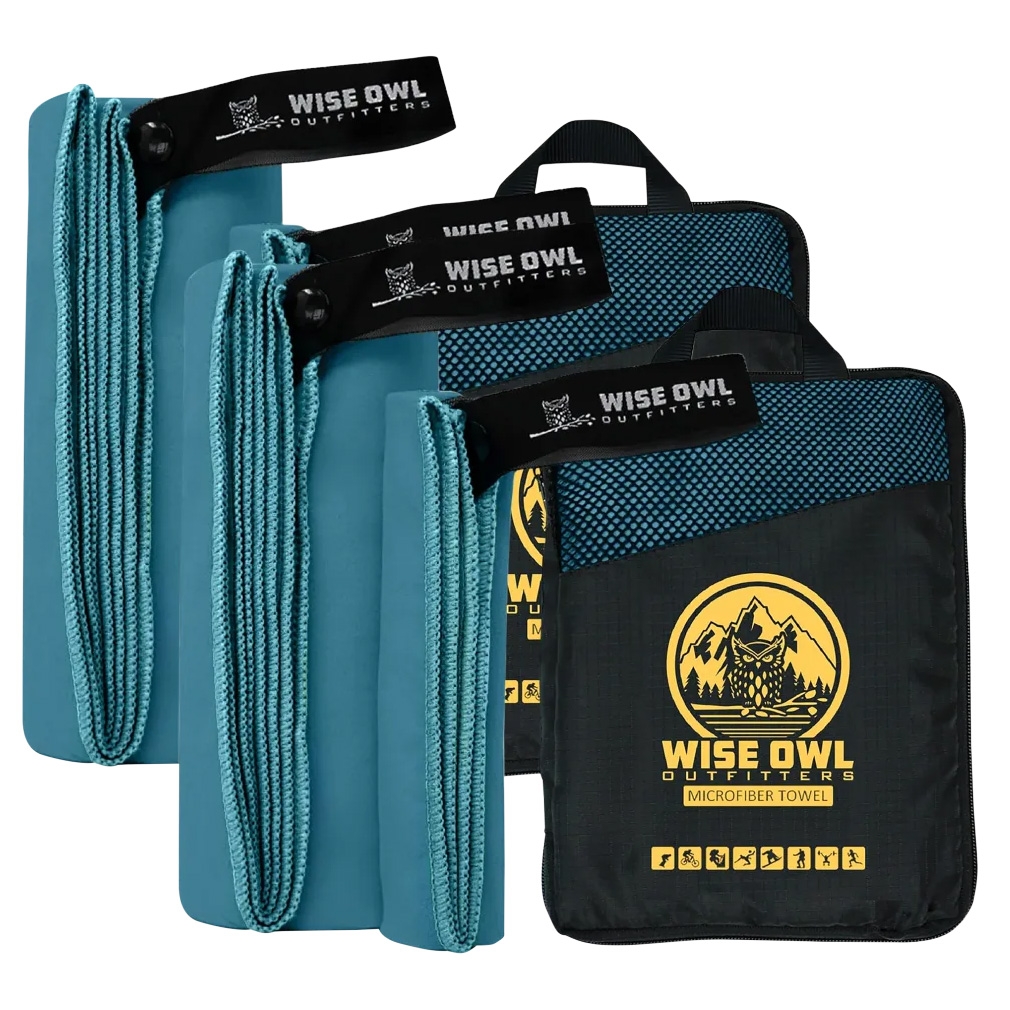 4-piece set of Wise Owl quick-dry microfiber towels in aqua blue, featuring snap loops for hanging and a branded black carrying pouch with a yellow logo.
