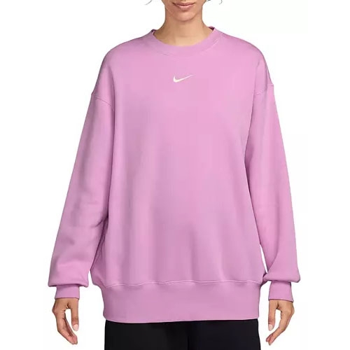 A person is wearing a light purple Nike sweatshirt with a small white Nike logo on the chest.