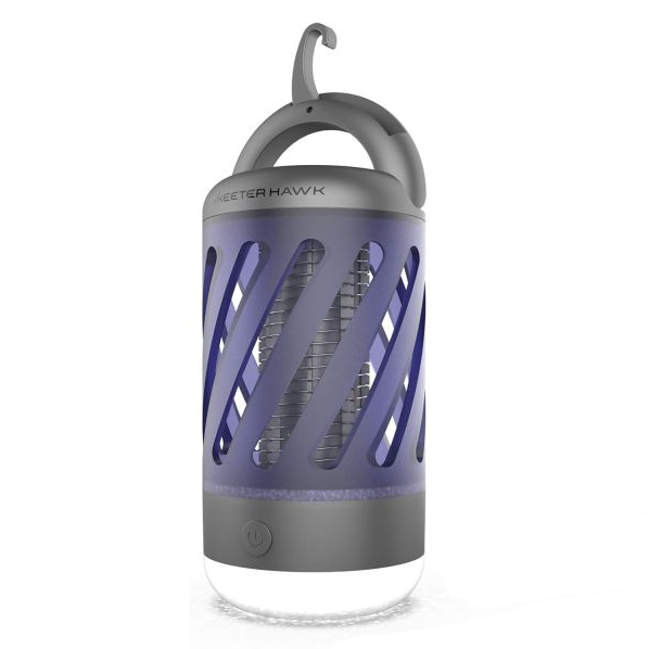 Portable electronic mosquito zapper with a hanging hook, featuring a UV light and a charcoal gray enclosure.
