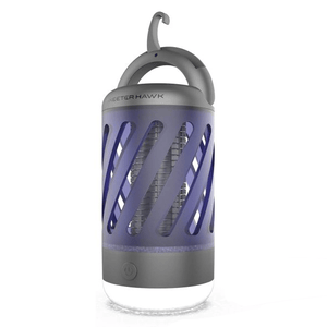 Portable electronic mosquito zapper with a hanging hook, featuring a UV light and a charcoal gray enclosure.