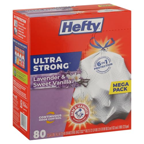 A box of Hefty Ultra Strong trash bags with a Lavender & Sweet Vanilla scent, which includes 80 bags designed for 13-gallon containers.