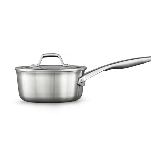 Stainless steel saucepan with a lid and long handle.