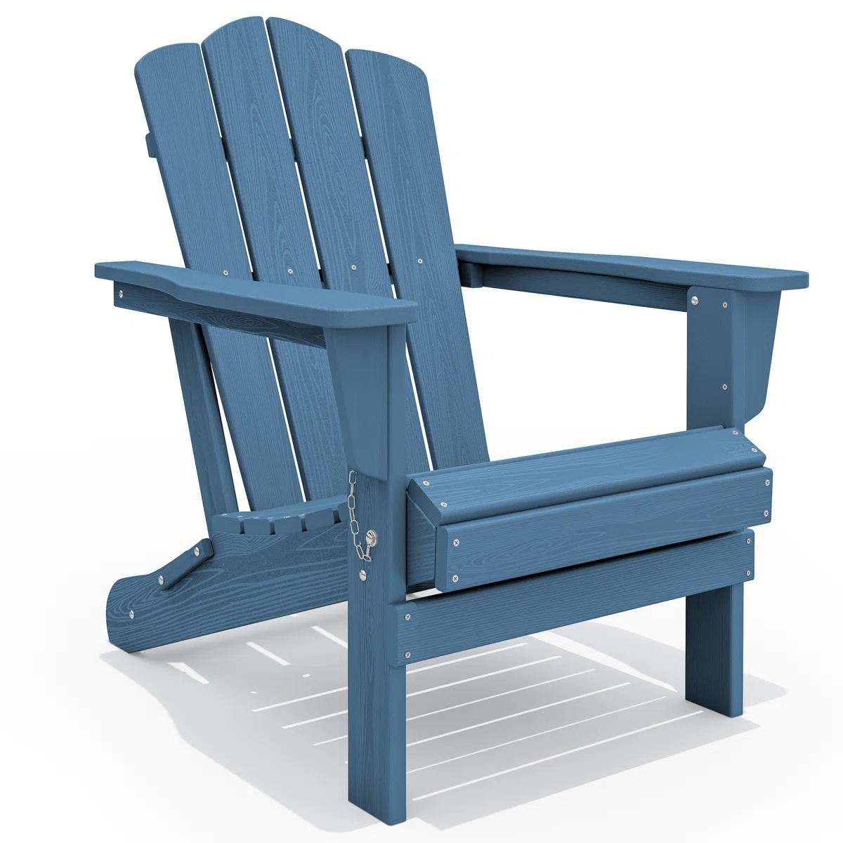 A blue Adirondack chair with a classic slatted design, featuring armrests and visible hardware connections.