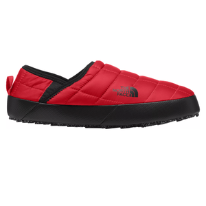 A red and black slip-on shoe from The North Face, featuring a quilted design and durable sole for comfort and insulation.