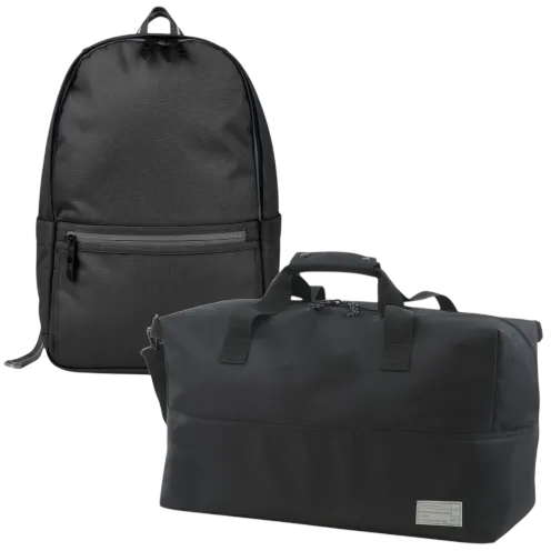 A black backpack and a black duffel bag are shown.