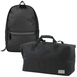 A black backpack and a black duffel bag are shown.
