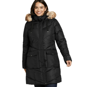 A black long puffer coat with a faux fur-trimmed hood, featuring a front zip closure and flap pockets.