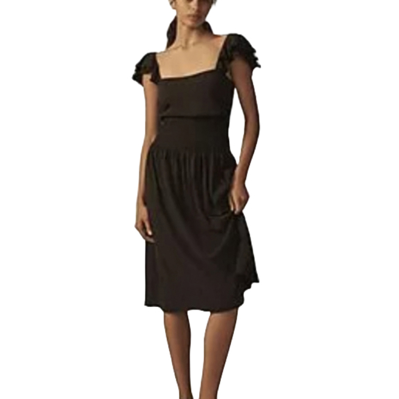 A knee-length black dress with ruffled sleeves and a square neckline.