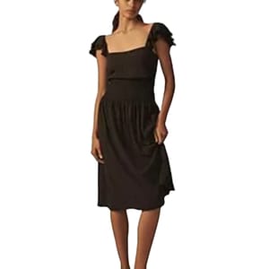 A knee-length black dress with ruffled sleeves and a square neckline.