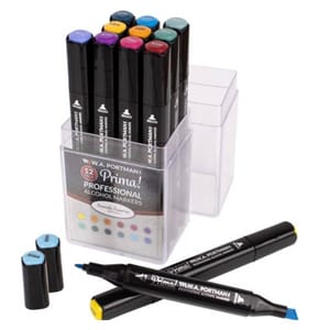 W.A. Portman Prima! Professional Alcohol Markers, 12-pack set, includes various colors with broad chisel and fine point tips, packaged in a clear plastic box, ideal for artists and designers.