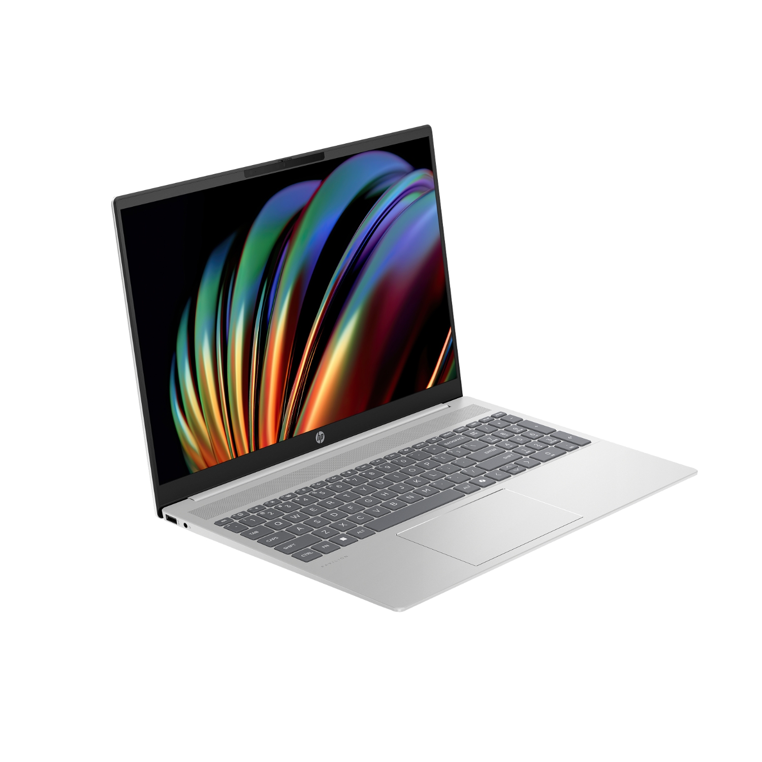 A sleek silver HP Pavilion laptop with a 16-inch display featuring vibrant colors. It has a full-sized keyboard with a numeric keypad and a minimalist design, suitable for work or entertainment.