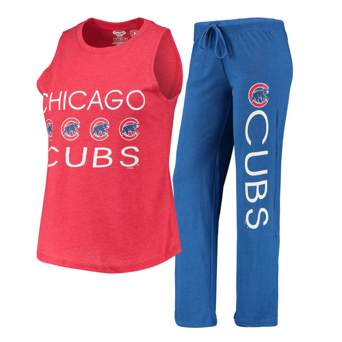 Red Chicago Cubs tank top and blue pants set with team logos and text.