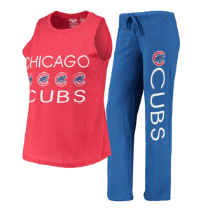 Red Chicago Cubs tank top and blue pants set with team logos and text.