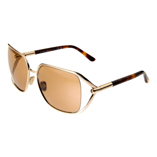 Gold-framed sunglasses with brown-tinted lenses and tortoiseshell-patterned arms.