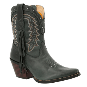 A black leather cowgirl boot with decorative stitching, small silver studs, fringed sides, and a wooden block heel.