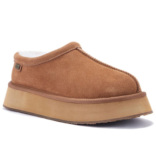 The slippers are made with a suede outer layer and feature a plush lining, with a thick rubber sole that provides elevation and durability.