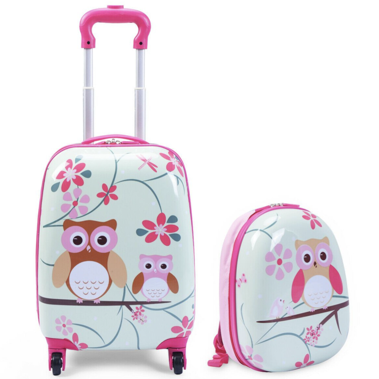 A children's luggage set featuring a pink and white floral design with owls, including a small wheeled suitcase and a matching backpack.