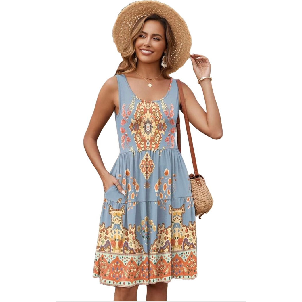 A sleeveless sundress with pockets featuring a colorful floral and geometric pattern on a blue background, paired with a straw hat and crossbody bag.