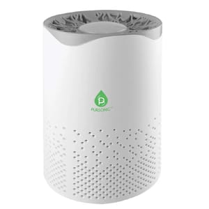 Pursonic air purifier in white with a perforated design and a gray top, featuring a green leaf logo.