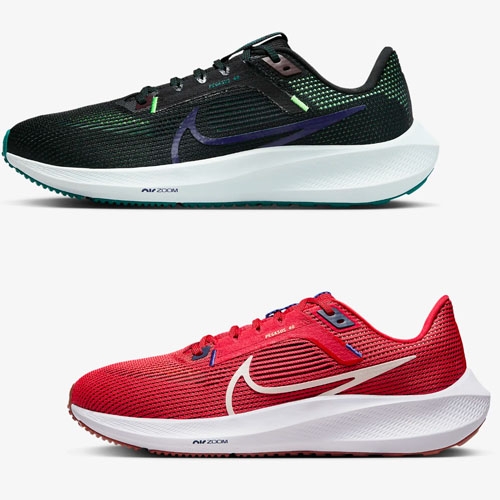 Two pairs of Nike running shoes, one in black and green and the other in red and blue.