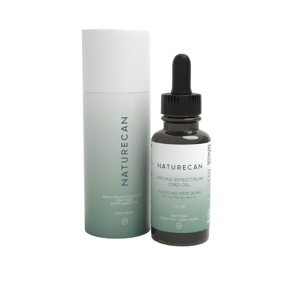 Naturecan Broad Spectrum CBD Oil, 30ml, offering 2000 mg per 30ml, 67 mg CBD per serving. The product is GMO-free, zero THC, and 100% vegan.