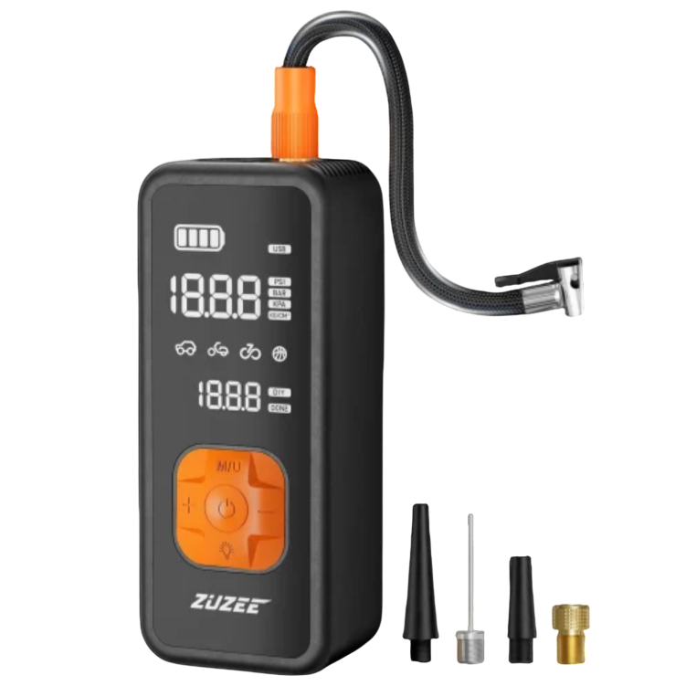 Portable air compressor pump with digital display and multiple attachments for inflating tires, sports equipment, and more.