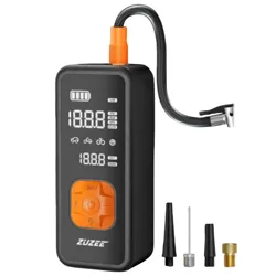 Portable air compressor pump with digital display and multiple attachments for inflating tires, sports equipment, and more.